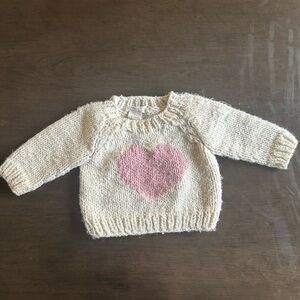 Cream Knit Crewneck Sweater with Pink Heart - Women's Sweaters